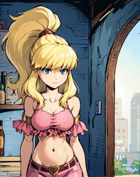 <lora:Julie_Winters_V2:.75> julie winters, pink halter top, pants, blonde hair, midriff, navel, upper body, solo, high ponytail, indoors, (best quality:1.2)