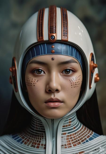 35mm photo by Steve McCurry, futuristic future setting, japanese woman, stunning asian woman, ultra-detailed skin, detailed eyes with intricate pupils, advanced futuristic clothing, intense and captivating expression, top-quality resolution