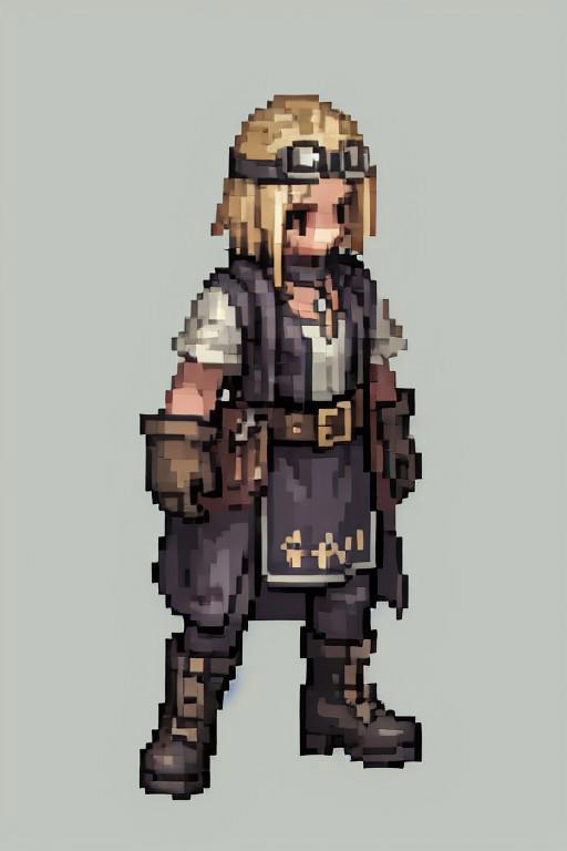 1girl, blonde_hair, short_hair, goggles_on_head, lab_coat, leather_apron, potion_belt, satchel_bag, gloves, test_tubes, glowing_potions, boots_with_buckles, clockwork_pendant, alchemist, fantasy_scientist, high_fantasy, rpg, game_character, detailed pixel shading, high contrast lighting, soft shadow underneath, 32-bit color palette, 256x256 resolution, crisp edges, no anti-aliasing, RoSprite ROSprites,ROSpriteVX