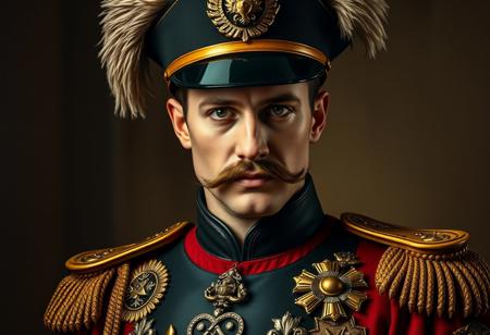 A grand, classical oil painting in the style of Raphael, featuring Infernoble Knight Captain Roland in a richly textured, formal military uniform, showcasing meticulously detailed medals and insignia that speak of timeless honor and rank. He wears a stately, exquisitely plumed hat. His countenance is marked by a refined mustache and an enigmatic epic green visor, his beautiful, detailed eyes meeting the viewer's gaze with a profound, serious expression. The background, though blurred, is rendered with a painterly depth, suggesting an attractive yet understated environment. The overall composition is impeccable, radiating a powerful message and a timeless quality through its balanced editing and intentional focus. This masterpiece is handcrafted with precision, utilizing Houdini Style techniques for complex details and a captivating, almost ethereal lighting. While incorporating the idea of black and white for timelessness, it also embraces rich, harmonious, multi-colored tones typical of Renaissance masters. Presented with high quality, sharp lines, and vivid emotions, embodying a contemporary aesthetic and adhering to the Golden Ratio.