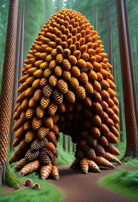 ral-pinecone, A colossal fortress rising above an endless evergreen forest, its walls and towers built from seamless, interwoven pine trunks, their surfaces hardened with layers of amber resin. The gates, formed from two massive halves of a split pinecone, slowly open to reveal an inner sanctum where time itself seems suspended. Towering pine golems stand motionless along the battlements, their bark-armored bodies appearing as part of the structure. Legends say that when the forest is threatened, these silent guardians awaken, their resin veins glowing like molten gold, ready to defend their sacred realm.