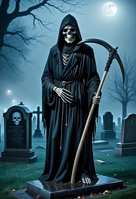 Macabre, Grim Reaper leaning against a gravestone, scythe, cemetery background, night, foggy, dark, photography, high quality, detailed, realistic