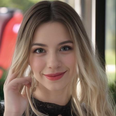 A cute beautiful young woman with colorful hair smiles playfully at the viewer