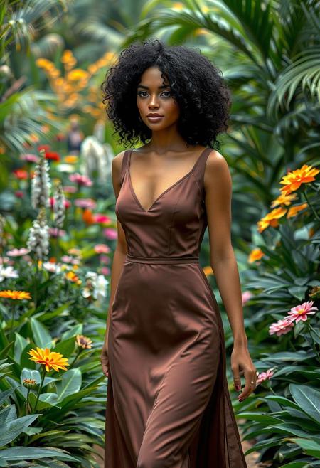 A photorealistic image of a AI 29-year-old American model girl with black curly hair, wearing an elegant dress, walking through a botanical garden with lush green plants and colorful flowers.