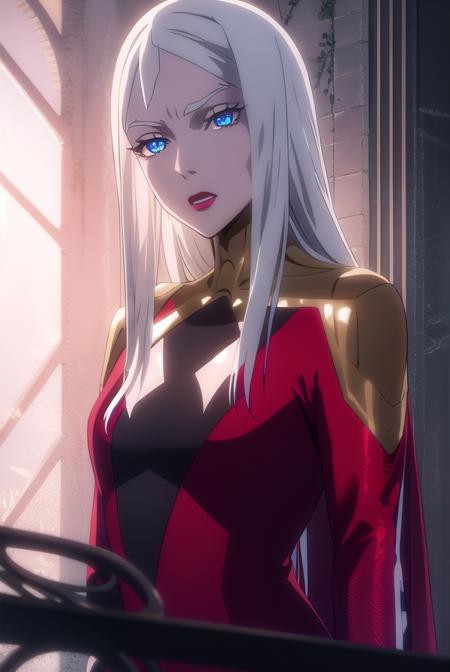 carmilla, long hair, white hair, lipstick, blue eyes, makeup, dress, red dress, center opening,