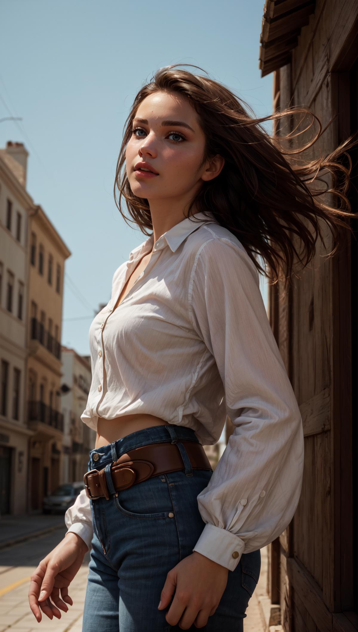 A woman wearing a white shirt and blue jeans with a brown belt.