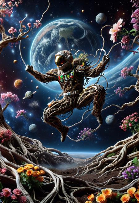 morph-treeroots, (made of roots:1.3), closeup astronaut, dynamic Kungfu fighting pose, jumping, wear astronaut suit, on space planet ground, surround by multiple flowers, cinematic, cinematic lighting, (masterpiece, best quality:1.4), ultra-high res, 4k, Photorealistic, insanely detailed, sfw,