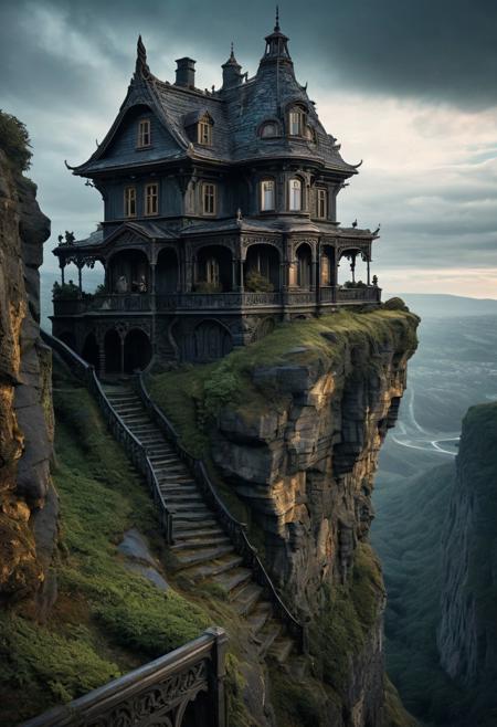 A lone house perched on the edge of a cliff, its walls covered in mysterious, flowing carvings that seem to shift and change when no one is looking., visionary aesthetics, reality and fantasy, exaggerated proportions, haunting beauty, macabre charm, hyper-realistic sculptures, whimsically dark storytelling, oversized characters, distorted features, intricate details, visual narrative, dreams and nightmares, touch of absurdity, melancholy, eerie allure, twists on the familiar, mesmerizing visuals, uncanny realism, surreal compositions, whimsical darkness, haunting atmosphere, dark whimsy.
