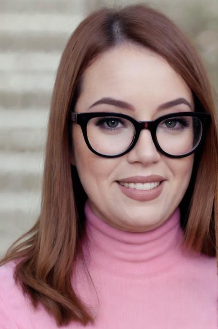 Photo of beautiful j3ssc4r0l1n3 woman, detailed face, (blurred background)+, pink turtleneck blouse, analog film grain, smile, makeup+, glasses