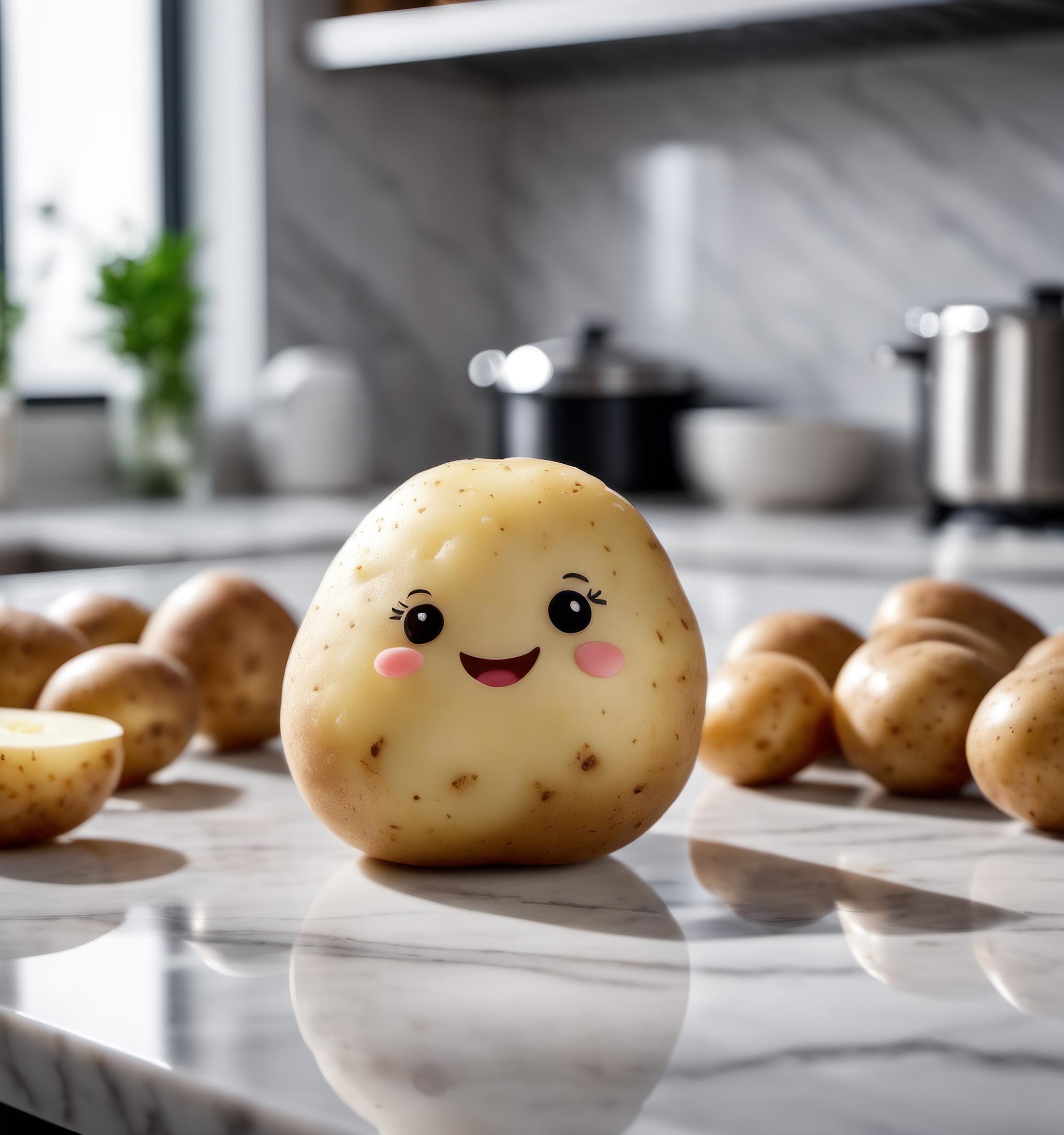 A Smiley Potato Toy Sitting on a Counter Among Real Potatoes