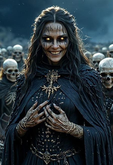 cinematic, movie still from a 1970s horror scene, h0rr0rstyl3, masterpiece, best quality, ultra-detailed, realistic, 8k. A necromancer with molten gold eyes and charred skin that flakes like ash. Her cloak is made of stitched funeral veils, and her fingers are adorned with bone rings that throb with necrotic energy. As she smiles, a swarm of black moths escapes from her mouth. Soft gothic lighting, museum-quality rendering, dramatic chiaroscuro effects. Background: A scorched battlefield littered with charred skeletons and rusted weapons, the sky a bruised violet. Thunder rolls in slow, pulsing waves as a circle of risen dead forms silently around her.  blend of Viking saga, fantasy epic, and historical drama. The style is ultra-realistic with 4K clarity and high dynamic range. Emphasis is placed on facial detail, fabric textures, embroidery fidelity, and realistic lighting on skin. The overall colour palette is dominated by deep blues, pale golds, snow whites, and muted earth tones. 4K ultra-realistic, Viking aesthetic, cinematic lighting, shallow depth of field, HDR texture detail, mythic elegance, portrait-style character art.