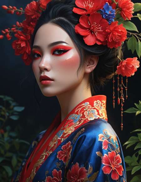 A mesmerizing portrait of a woman adorned with intricate floral elements, featuring bold red and deep blue blossoms. The subject has a serene expression, showcasing delicate facial features, high cheekbones, and stylishly arched eyebrows. Her dramatic makeup includes striking red eyeshadow that complements her vivid tattoo designs. The lighting is soft yet dramatic, creating highlights that accentuate her skin tone and the textures in her ornate garment, a richly patterned robe. The composition is balanced, with a dark, textured background contrasting the vibrant flora and the luminous skin tones. The interplay of warm and cool hues evokes a sense of mystique and elegance. The style combines elements of realism and fantasy art, with visual influences from traditional East Asian aesthetics. The overall mood is enchanting and evocative, inviting viewers into a world of beauty and cultural depth., anime masterpiece, soft lighting, intricate, highly detailed, pixiv, anime art, 4k, art from your name anime, garden of words style art, high quality