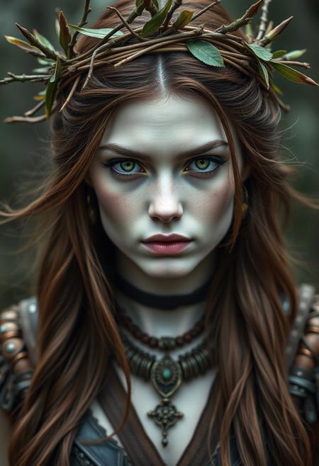 symmetrical medium shot of the forest Princess, serious face expression, beautiful, perfect makeup, extremely beautiful, green eyes, long brown hair, leather clothes, wood armour, tribal jewelry, branches and leaf crown, hyper realistic, ultra detailed, translucent white skin, white skin, mist, wind