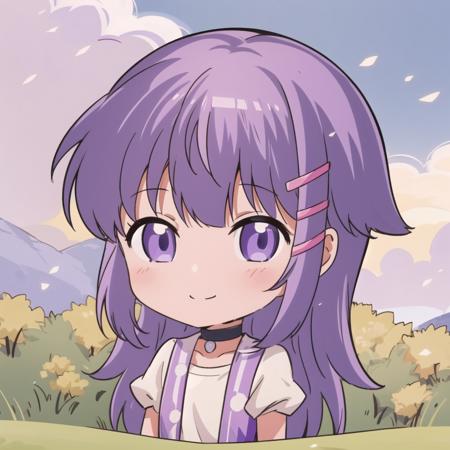 1girl, solo, hair ornament, purple eyes, purple hair, choker, shirt, smile, <lora:Tia:0.6>, <lora:jokanhiyou:0.6>, chibi