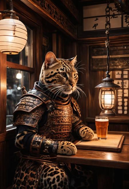 fantasy anthropomorphic a (tsuhima-leopard-cat) (warrior: 1.19) (brown-leather armor) in dark japanese-tavern holding a pint of ale in a cozy environment with gas lamps oriental japanese-woodworking warm brick fireplace and (paper windows) (japanese-style-architecture) (housecat: 1.39) (white and black fur: 1.29)