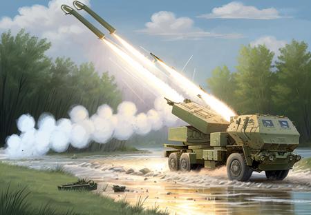 illustration of a HIMARS launching rockets beside a river <lora:himars16-v1-step50:1>