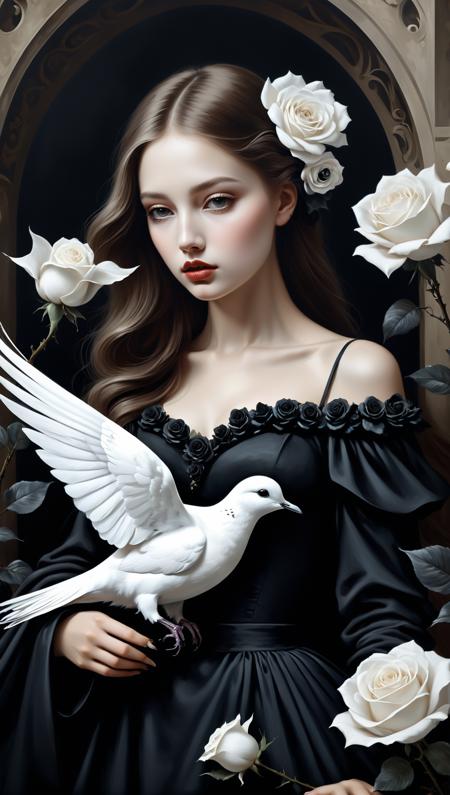 Digital art, by IrinaKapi. Surrealism, abstraction, girl with white dove and black roses, ultra details oh clothes, best quality, masterpiece, painting, concept art, emotionally, atmospheric, aesthetics of romanticism<lora:xl_more_art-full_v1:0.5>