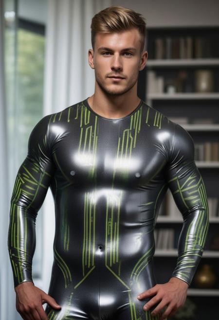 a strong 24-year-old german hunk bodybuilder male, with a fringe up hairstyle, detailed face, mindless expression,  wearing a skin tight dark-gray rubber catsuit with silver and olivre-green electronics circuits patterns, wearing a latex jockstrap, on a modern living room, standing at attention pose, full body visible, looking at viewer, portrait, photography, detailed skin, detailed rubber texture, realistic, photo-realistic, 8k, highly detailed, full length frame, High detail RAW color art, diffused soft lighting, shallow depth of field, sharp focus, hyperrealism, cinematic lighting