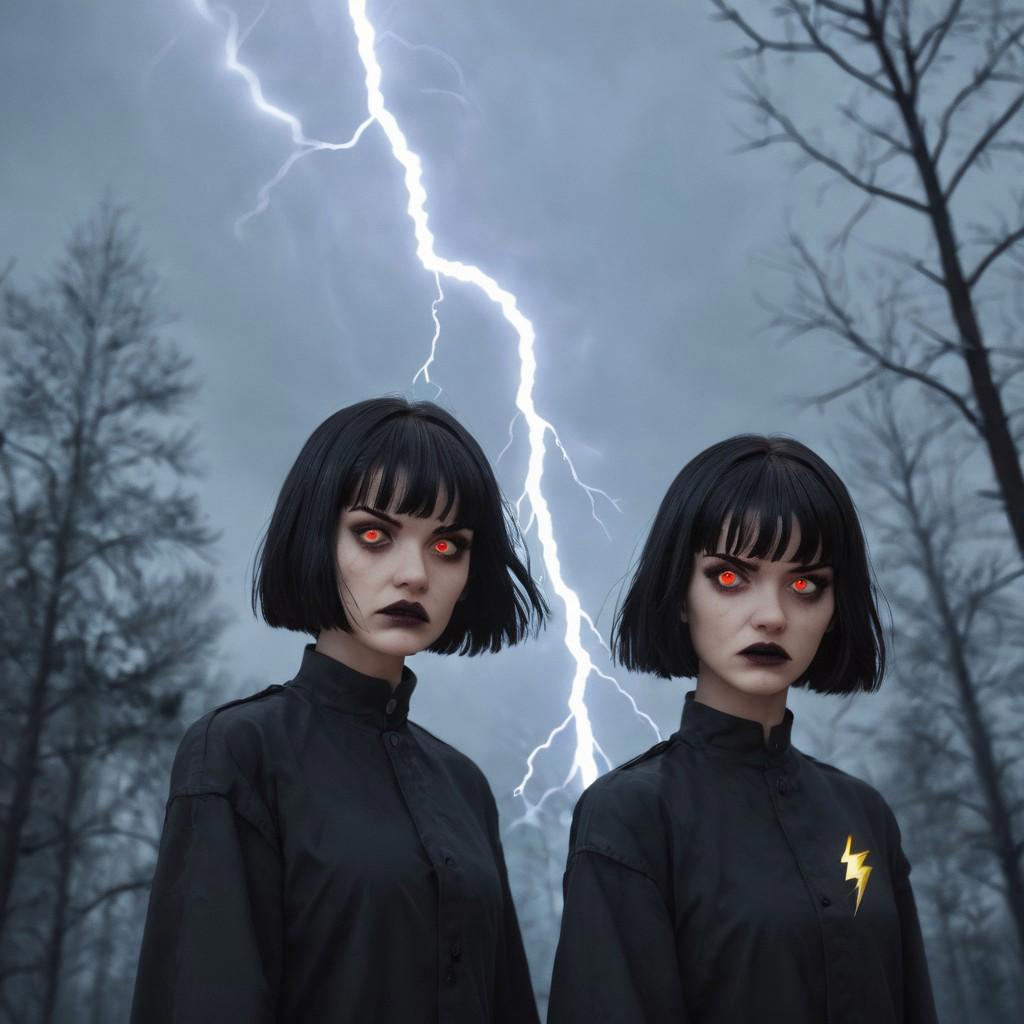 2 girl, russian girls, twins, black hair, short hair, bangs, straight hair, red eyes, she is evil, scary forrest, lightning flash