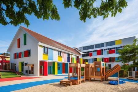 <lora:JJsKinderGarten:.7>,  ((KinderGarten)) , RAW photo,Masterpiece, high quality, best quality, authentic, ,windows ,door, dslr, soft lighting, high quality, film grain, Fujifilm XT3 ,blue sky, tree,walkway, bench, building, colorful wall, 2 floors, sand pool,run way,
<lora:add_detail:0.5>, outdoor, scenery, building, outdoors, tree, sky, masterpiece, best quality, 8k, ultra-high definition