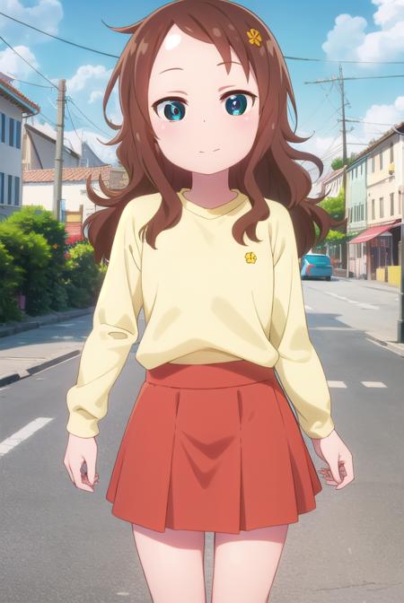 riko saikawa, long hair, brown hair, (green eyes:1.3), hair flower, hair ornament, flower, skirt, shirt, long sleeves, red skirt, white socks, green shirt,