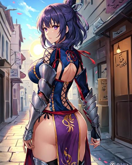 best quality, (masterpiece:1.2), illustration, absurdres,
(1girl), (solo), (beautiful detailed girl), from behind,
<lora:Rixia:0.9>, Rixia Mao, dark purple hair, medium hair, purple eyes, huge breasts,
purple china dress, armored boots, thighhigh boots, thigh boots, armored gauntlet, pelvic_curtain,
inside middle eastern town, middle east, bazaar, cobblestone street,  sky, sun, day,,