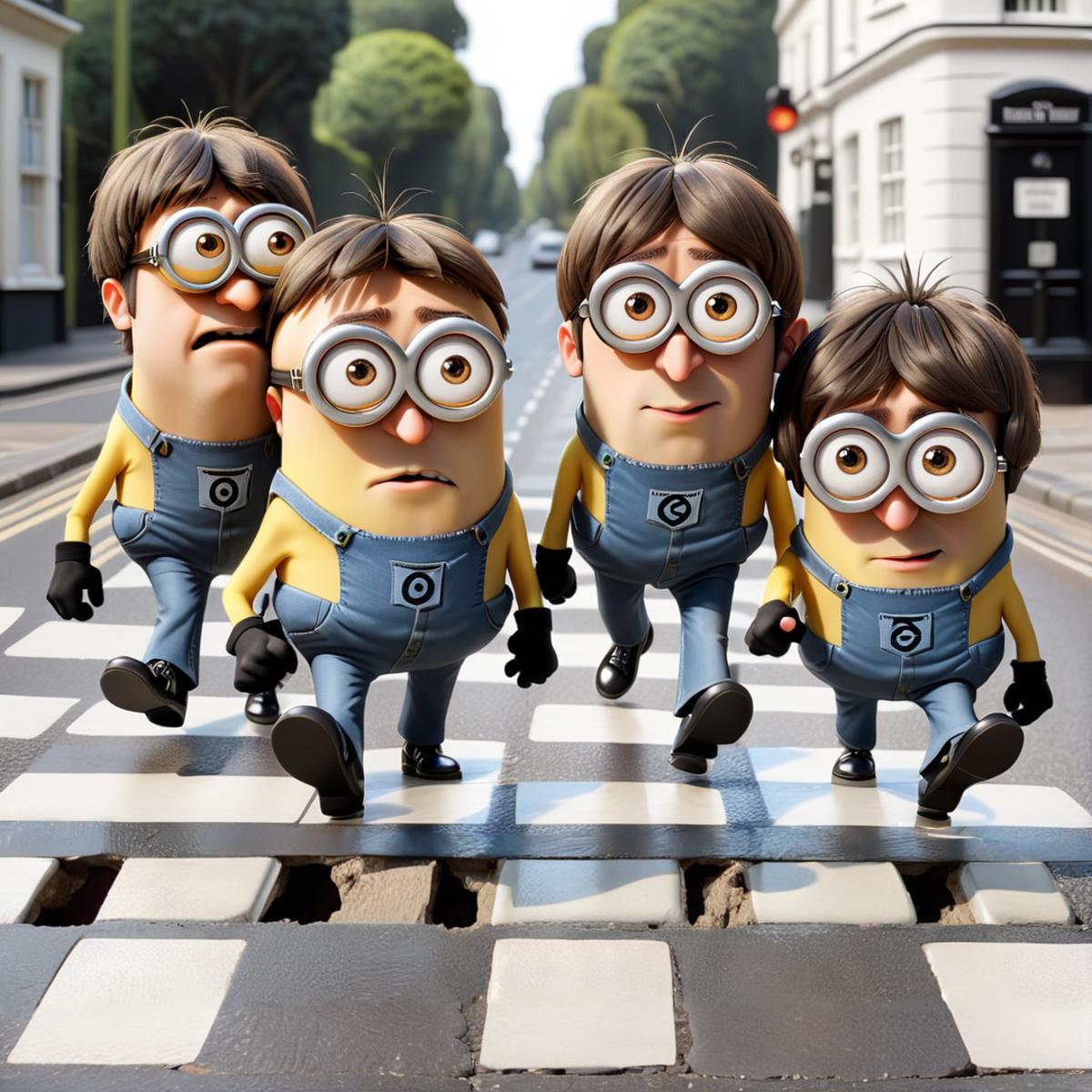 Four Minion Characters Crossing a Crosswalk