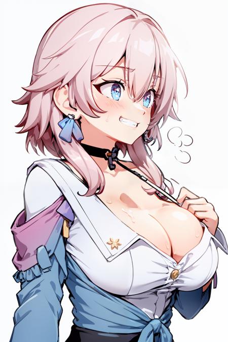 masterpiece, best quality,  <lora:March7th:0.8>, <lora:style04:0.8>,march7th, 1girl, breasts, solo, pink hair, cleavage, shirt, choker, earrings, white shirt, large breasts, smile, white background, jewelry, blue eyes, sweat, looking to the side, upper body, long sleeves, bangs, simple background, looking away, collarbone, black choker, blush, grin, trembling, hair between eyes, long hair, short hair with long locks