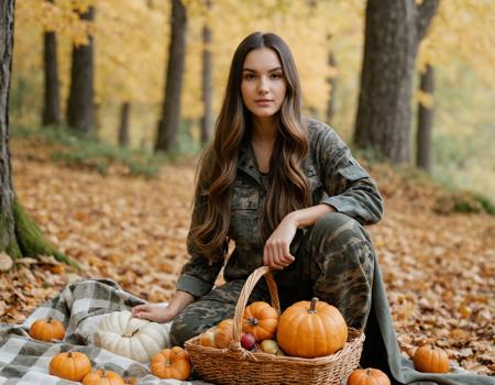 photograph landscape photography of a young woman with ((long hair)) In camo wear, military-inspired, blending in yet standing out., dressed in textured fabric, autumn leaves, picnic setting, carved pumpkins, basket, wine bottle, scattered fruits, woodland scenery, sitting, one knee raised, looking at camera, centered subject, eye-level shot, straight angle, clear perspective, in a dreamlike world where anything is possible and the impossible is real baroque, Neutral color palette, (solo focus, one frame), plasma, (detailed face:1.3), (hero view:1.2), shot on Nikon Z7 with Nikon Z 70-200mm f-2.8 VR S, 50mm . cinematic 4k epic detailed 4k epic detailed photograph shot on kodak detailed cinematic hbo dark moody, 35mm photo, grainy, vignette, vintage, Kodachrome, Lomography, stained, highly detailed, found footage, cinematic still landscape photography of a young woman with ((long hair)) In camo wear, military-inspired, blending in yet standing out., dressed in textured fabric, autumn leaves, picnic setting, carved pumpkins, basket, wine bottle, scattered fruits, woodland scenery, sitting, one knee raised, looking at camera, centered subject, eye-level shot, straight angle, clear perspective, in a dreamlike world where anything is possible and the impossible is real baroque, Neutral color palette, (solo focus, one frame), plasma, (detailed face:1.3), (hero view:1.2), shot on Nikon Z7 with Nikon Z 70-200mm f-2.8 VR S . emotional, harmonious, vignette, 4k epic detailed, shot on kodak, 35mm photo, sharp focus, high budget, cinemascope, moody, epic, gorgeous, film grain, grainy