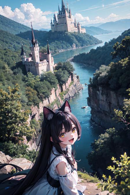 (1girl,cowboy shot:1.2),cat ears,smile,open mouth,black hair,yellow eyes,
A magical castle perched on a cliff, commanding breathtaking views. Its spires touch the heavens, while surrounding forests and rivers gleam with enchantment. The entire scene pulsates with magical allure,
an extremely delicate and beautiful,absurdres, highres,  (ultra detailed:1.0),