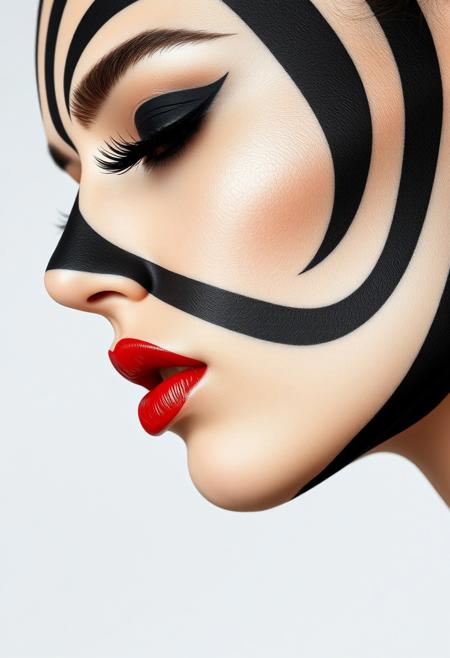 A striking close-up profile of a woman’s face adorned with bold, black stripes that wrap around the contours of her face, creating a hypnotic, zebra-like pattern against her smooth, pale skin. Her eyelids are covered in deep, matte black makeup that accentuates her long eyelashes, while her lips stand out in a glossy, vibrant red, offering a sharp contrast to the monochrome stripes. The image is minimalist yet visually intense, with the pattern seamlessly flowing across her features, evoking a sense of modern art and surreal beauty.
RAW photo, masterpiece, photorealistic, 8k, best quality, stunning eyes, skin detail, skin pores, blemishes