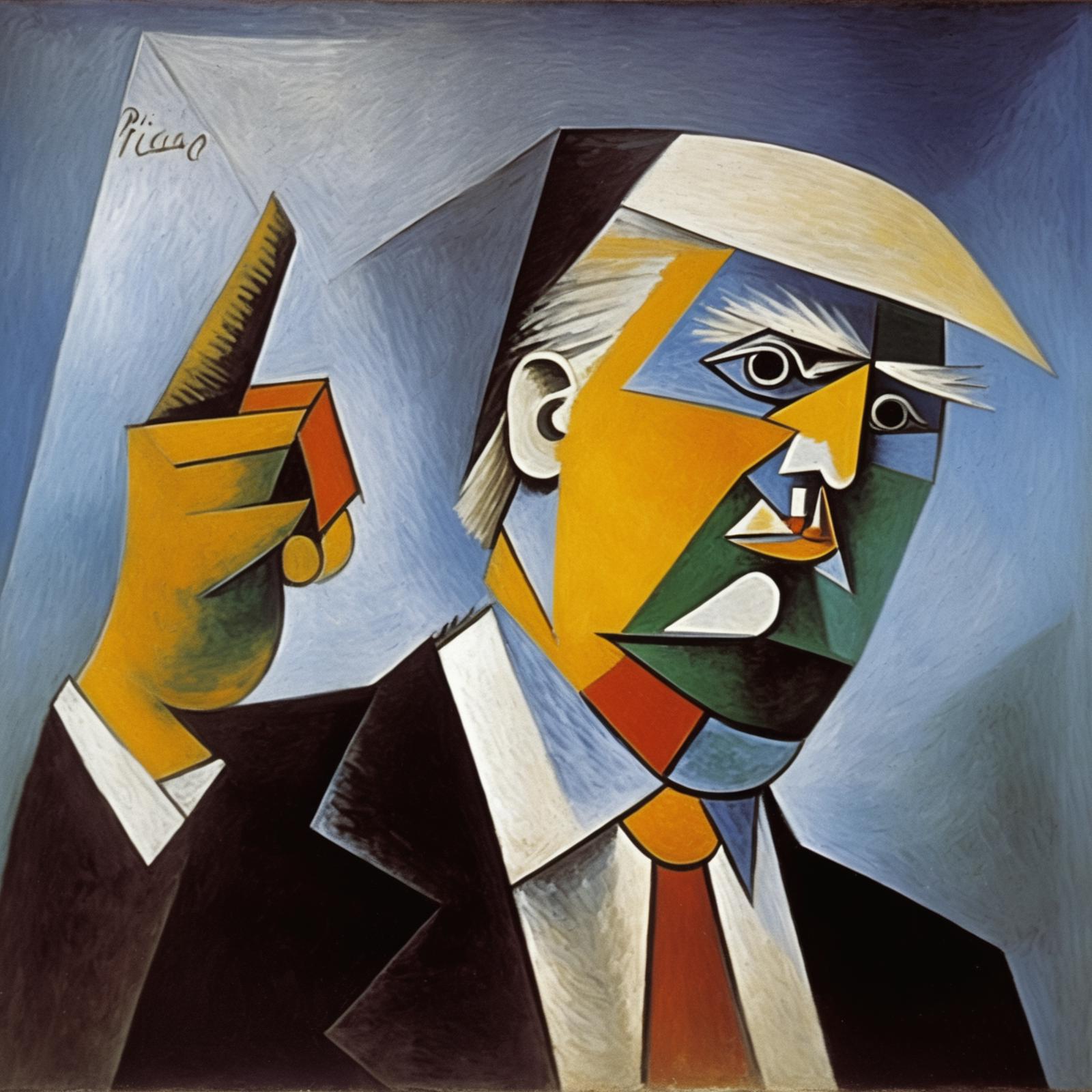 A painting of President Trump pointing at something.