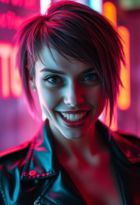 a portrait photo of an ethereal beauty, a cyberpunk girl bathing in neon light, her eyes are black as obsidian and a cruel smile plays on her lips, slightly exposing her pointy fangs,  as she is searching for her victim, her hairs are very short on one side, but kong on the other, she wears black leather clothing