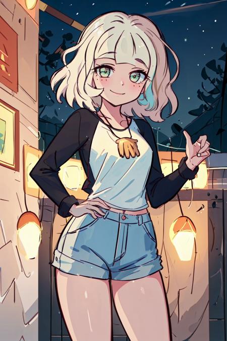 (masterpiece, best quality, high resolution:1.4), 1girl, jackie lynn thomas, casual outfit, long sleeves, blonde hair, short hair, blush, light smile, looking at viewer, shell necklace, outdoors, night <lora:JackieLynnThomas_v2:1>