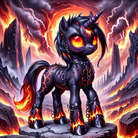 Watercolor painting  <lora:Dark-Cute-Ponies:1> drkpny, <lora:420Futurism:0.7> 420futurism, cute futuristic pony, ultra-realistic, full-body shot of a demonic pony, towering with obsidian-black skeletal armor fused with molten veins of liquid fire, glowing crimson eyes radiating malevolent energy, massive jagged horns crackling with infernal lightning, standing on the brimstone edge of a lava-filled abyss, rivers of molten magma flowing beneath its hooves, volcanic eruptions illuminating the sky with apocalyptic red and orange hues, masterpiece, highly detailed, ultra resolution, hellish smoke swirling in the air, burning sigils carved into stone pillars, twisted demonic creatures lurking in the flames, deep cinematic lighting casting ominous shadows, looking at the viewer with an eerie smirk, heat waves distorting the surroundings, ember sparks drifting through the air, scorched metal chains hanging from jagged rock formations. . Vibrant, beautiful, painterly, detailed, textural, artistic