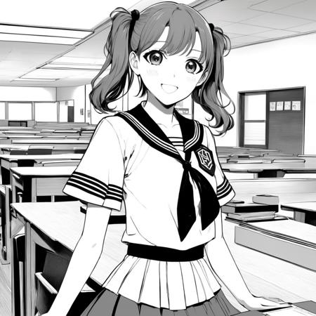 1girl, solo, teen (white sailor-fuku, short sleeve, black collar, deep gray skirt, dark gray neckerchief:1.5) (cute,sweet,bare face,big eyes,black hair:1.4) (smile:1.2) straight hear, medium hair, short tall, cowboy shot (in classroom, no other students, hands behind:1.5) (dynamic pose,dynamic angle:1.2) BREAK japanese, japanese idol, black eyes (manga, lineart, monochrome, black and white, colorless, white skin:1.4) 
,Lineart, LineAniAF
,<lora:LineAniRedmondV2-Lineart-LineAniAF:1>