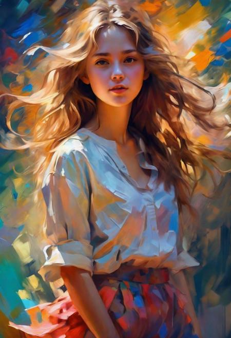 young beautiful girl, ultra detailed, official art, unity 8k wallpaper, impressionistic style, (loose brushwork):1.2, dappled light, vivid colors, evocative atmosphere, expressive movement, painterly textures.