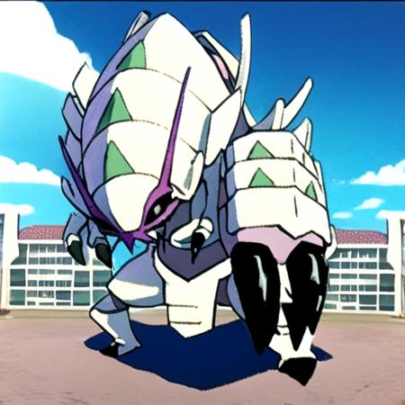 golisopod, arms up, full body, legs apart, standing, outdoors, building, sky