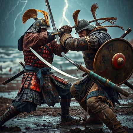 A cinematic close-up of two adult warriors—a Japanese samurai and a Mongolian warrior—locked in fierce combat on a stormy coastal plain, rain-soaked and mud-streaked. The background blurs with crashing waves and distant battle ranks under a lightning-lit sky, emphasizing their intense duel.
Japanese Samurai: A mature samurai wields a katana, blade flashing mid-strike. He wears o-yoroi armor: crimson and black lacquered iron plates, silk-laced, with a kabuto helmet bearing a gold crest and a snarling menpo mask. His blue silk sash is tattered but vibrant. Weapons include a tanto dagger at his waist. Colors are crimson, black, and gold, with white clan mon on his tate shield.
Mongolian Warrior: An adult Mongol warrior counters with a curved saber, his stance agile. He wears lamellar armor of leather and iron in earthy brown and blue, with a conical helmet topped by a horsehair plume. His small round shield bears red-black tribal motifs. A fur-lined vest and felt boots show wear. Weapons include a short spear slung across his back. Colors are brown, blue, and red, with an embroidered belt.
Dramatic lightning illuminates their rain-slicked armor, highlighting dents and bloodstains. Mud splashes their legs, and their faces show grim determination. The scene is hyper-detailed, with textured armor and dynamic motion.