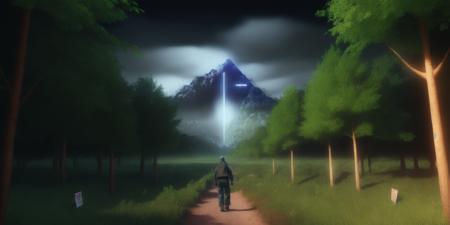<lora:15ParralelDimensions:1>parallel dimension: a man standing in the middle of a forest with a sign that says success