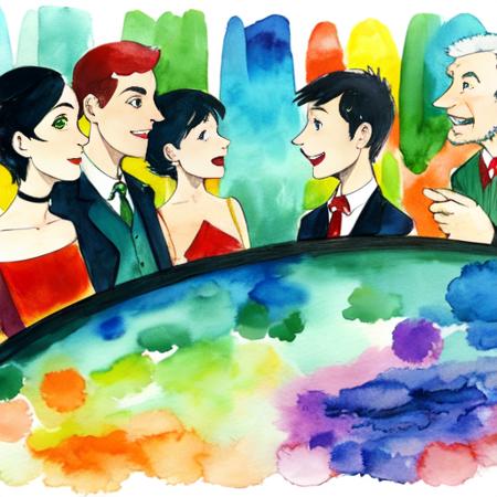 a group of human,    simple style, discussing at a dashboard, 2d abstract illustration, vivid multicolored wall, wealthy portraiture ,playful streamlined forms, wealthy portraiture, Vivid Watercolors background,