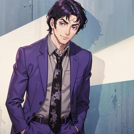 Masterpiece, best quality, 1boy, looking at viewer, smile, <lora:Reiji:1>, reijip2, suit, tie, purple jacket, formal, adjusting clothes, standing