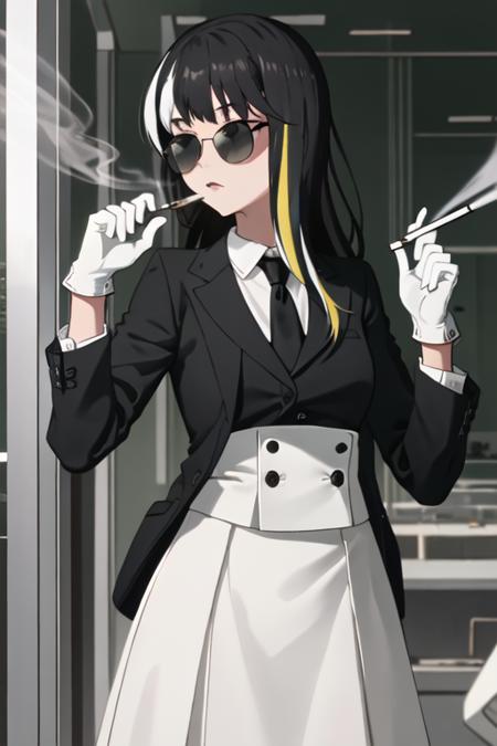 best quality, masterpiece, highres, solo, {black business suit:1.40}, {tie:1.20}, {sunglasses:1.25}, {white gloves:1.15}, {white shirt:1.10}, {black skirt:1.15}, {smoking:1.20}, handsome, {tsubaki_ando_shirobako:1.15}, black_hair, multicolored_hair, streaked_hair, blonde_hair, long_hair, bangs, black_eyes, grey_eyes