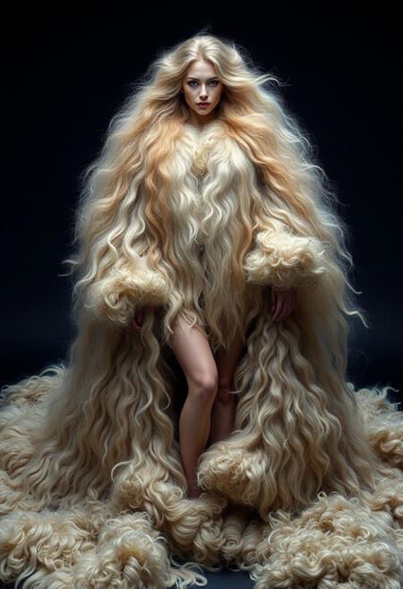Gorgeous woman with amazing extremely long hair that covers her arms, legs, shoulders, head, face, feet, and waist completely, very long hair, longest hair ever seen, lots of long hair on the ground, excessive long hair, fuzzy, furry, voluminous, gigantic, surrounded by piles of hair, so much fur, thick fur covers her skin, her fur is so thick, her fur is so thick and fuzzy, excess amounts of fur