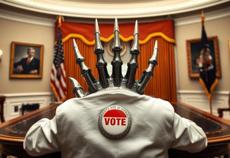 doctor claw in the oval office, real photograph, inspector gadget style, photorealistic, correct hands, correct fingers, presidential seal, vote button, campaign photo, election, elegant scene, facing away, sitting, metal arm, spikes