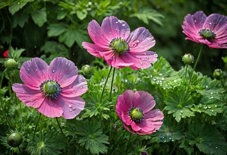 Pink and blue garden flowers, water droplets on petals, green leaves, pink poppies in the foreground, purple cosmos in the background, photo-realistic, natural lighting, high resolution, hyper-realistic in the style of a skilled photographer.