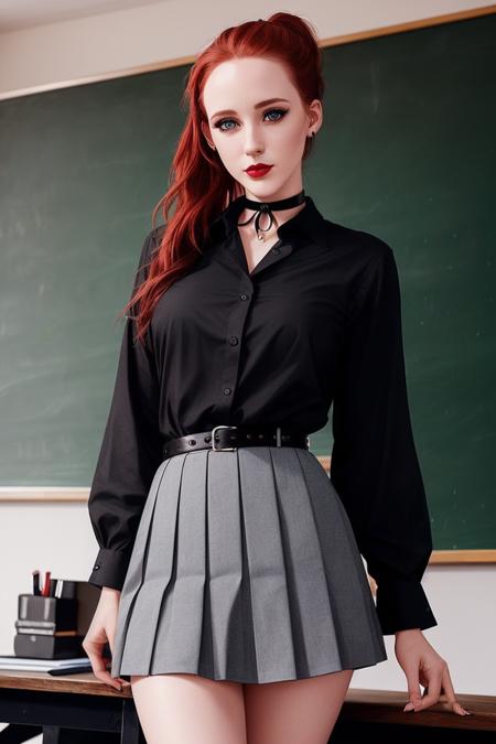 photo of rachelbro:0.99, a woman with ((pale skin, ponytail, dark black hair):1.1), ((cowboy shot, waist, hips, thighs):1.2), ((collared dress shirt, pleated miniskirt, choker):1.2),((classroom, chalkboard):1.2),((detailed face, beautiful face, detailed eyes, beautiful eyes):1.1), ((lipstick, eyeliner, eye shadow):1.2),((best quality, masterpiece, extreme details):1.2) ((detailed eyes, detailed face):1.2)