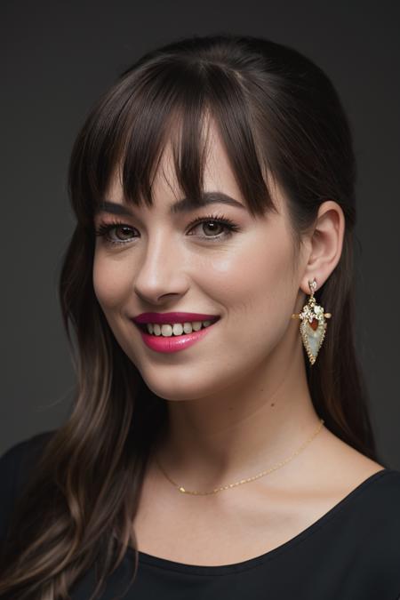 <lora:d4k0t4:0.9>, a Realistic photo of a d4k0t4 woman,long hair, looking at viewer, bangs, simple background, brown hair, jewelry, earrings, teeth, grin, lips, makeup, portrait, realistic, soft lighting, professional Photography, Photorealistic, detailed, inside a dark Studio Room background, blurred background, RAW, analog, sharp focus, 8k, HD, DSLR, high quality, Fujifilm XT3, film grain, award winning, masterpiece