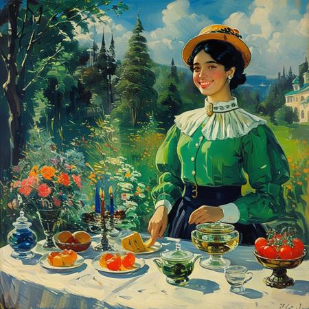 score_9, score_8_up, score_7_up, style of Boris Kustodiev, solo, 1girl, smiling, black hair, hour glass figure, makeup, wearing a layered green blouse, dress, jacket, hat, elegant, fantasy, vibrant colors, masterpiece, detailed,