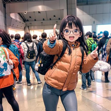 best quality, ultra-detailed, illustration,
1girl, solo, glasses, black hair, long hair, field jacket, jeans, backpack, smile, laughing, pointing at viewer, looking at viewer,
comiket, photo background, scenery, real world location, 6+boys, crowd, indoors
<lora:comiket_SD15_C103:1>